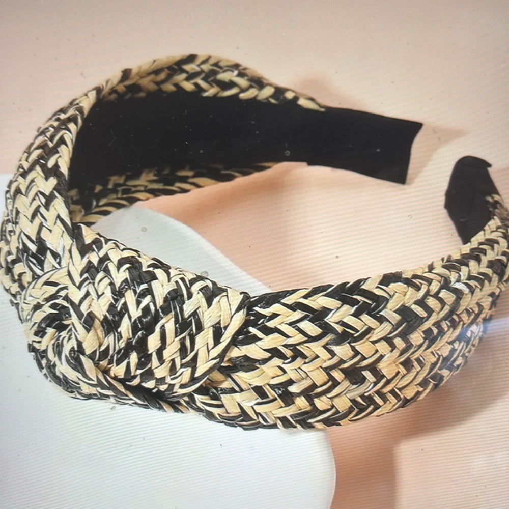 Raffia Weave Knot Headband in Black & Tan